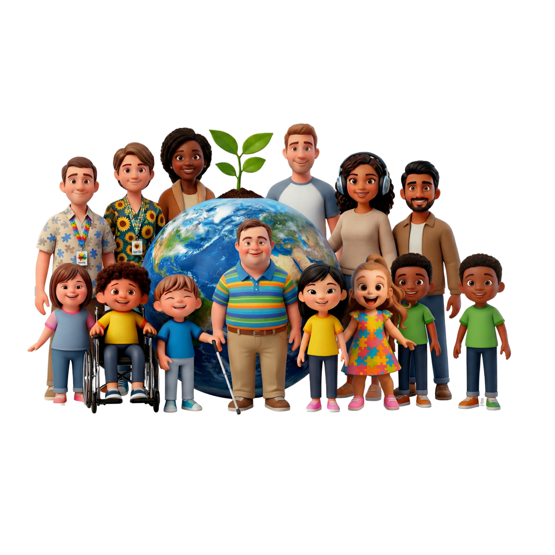 Crianças diversas com roupas de quebra-cabeça brincando ao redor de um globo, cercadas por flores, borboletas e elementos de inclusão